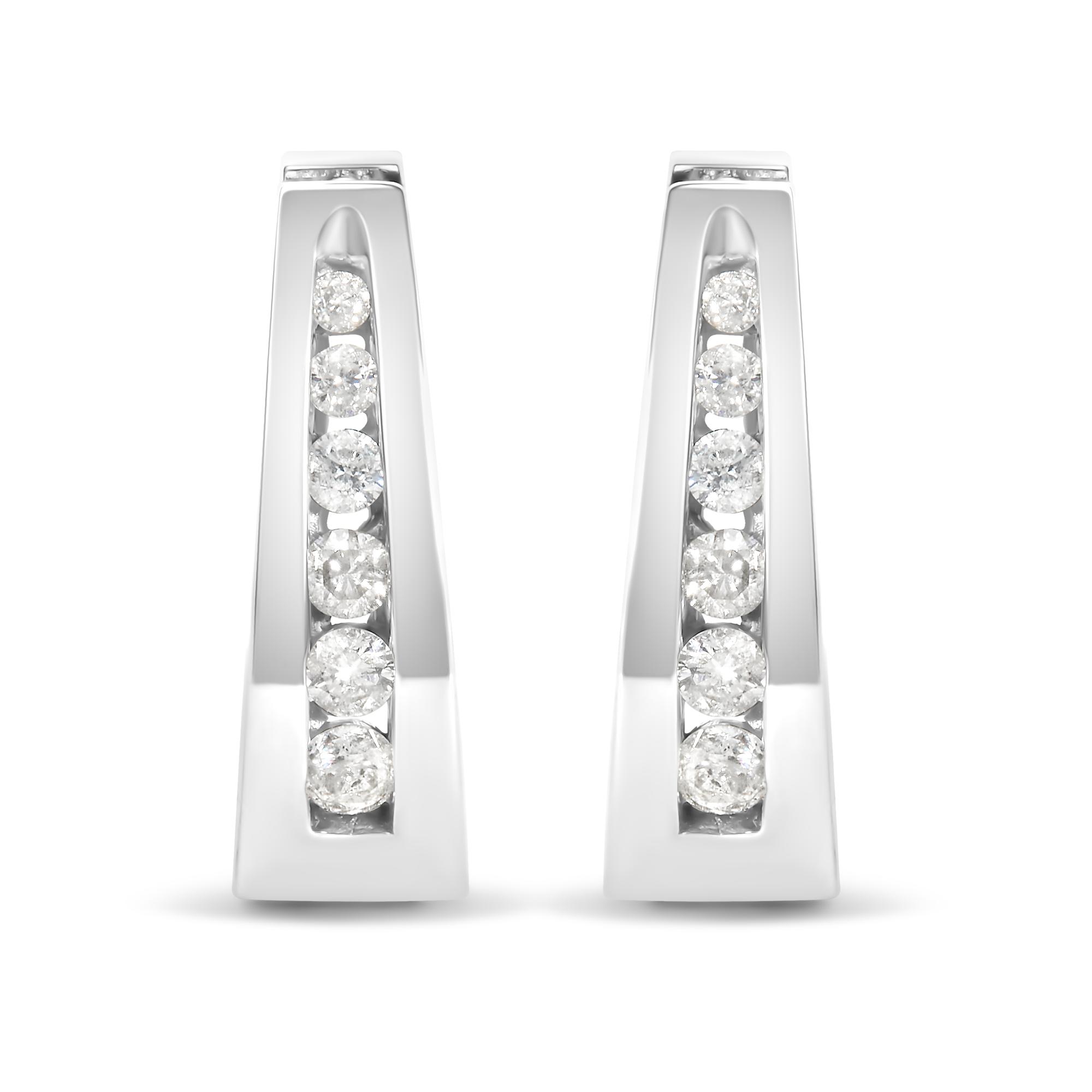 14k White Gold Channel-Set Brilliant Round-Cut Diamond Hoop Earrings - Picture 3 of 15