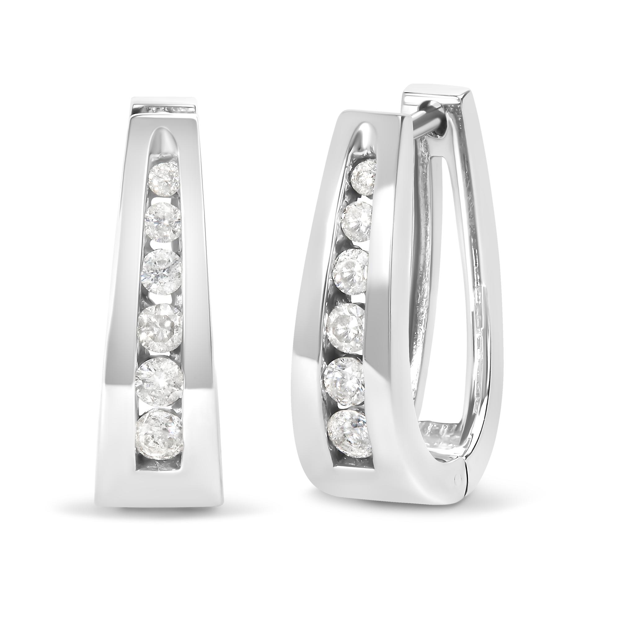14k White Gold Channel-Set Brilliant Round-Cut Diamond Hoop Earrings - Picture 4 of 15