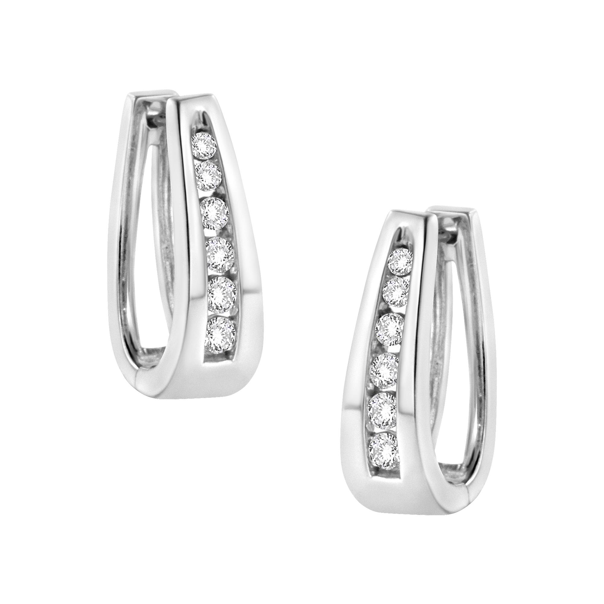 14k White Gold Channel-Set Brilliant Round-Cut Diamond Hoop Earrings - Picture 9 of 15