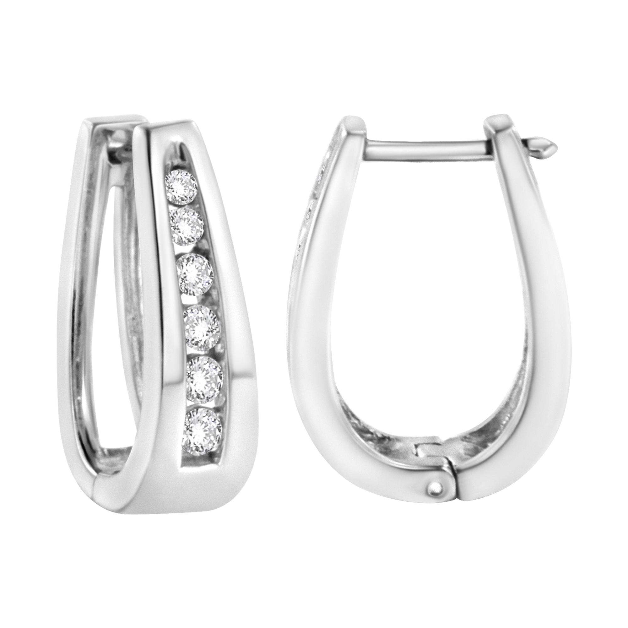 14k White Gold Channel-Set Brilliant Round-Cut Diamond Hoop Earrings - Picture 10 of 15