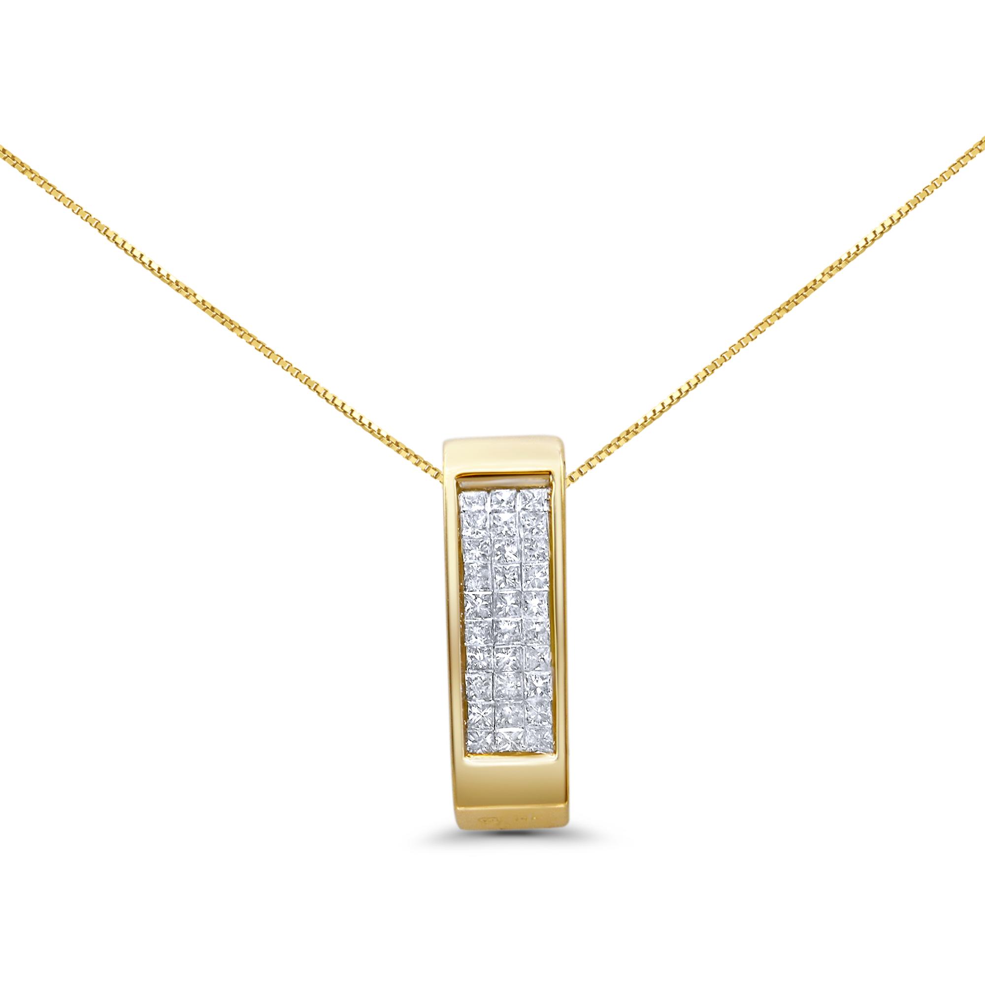 14K Yellow Gold Invisible Set Princess Cut Diamond Bar Block Pendant Necklace